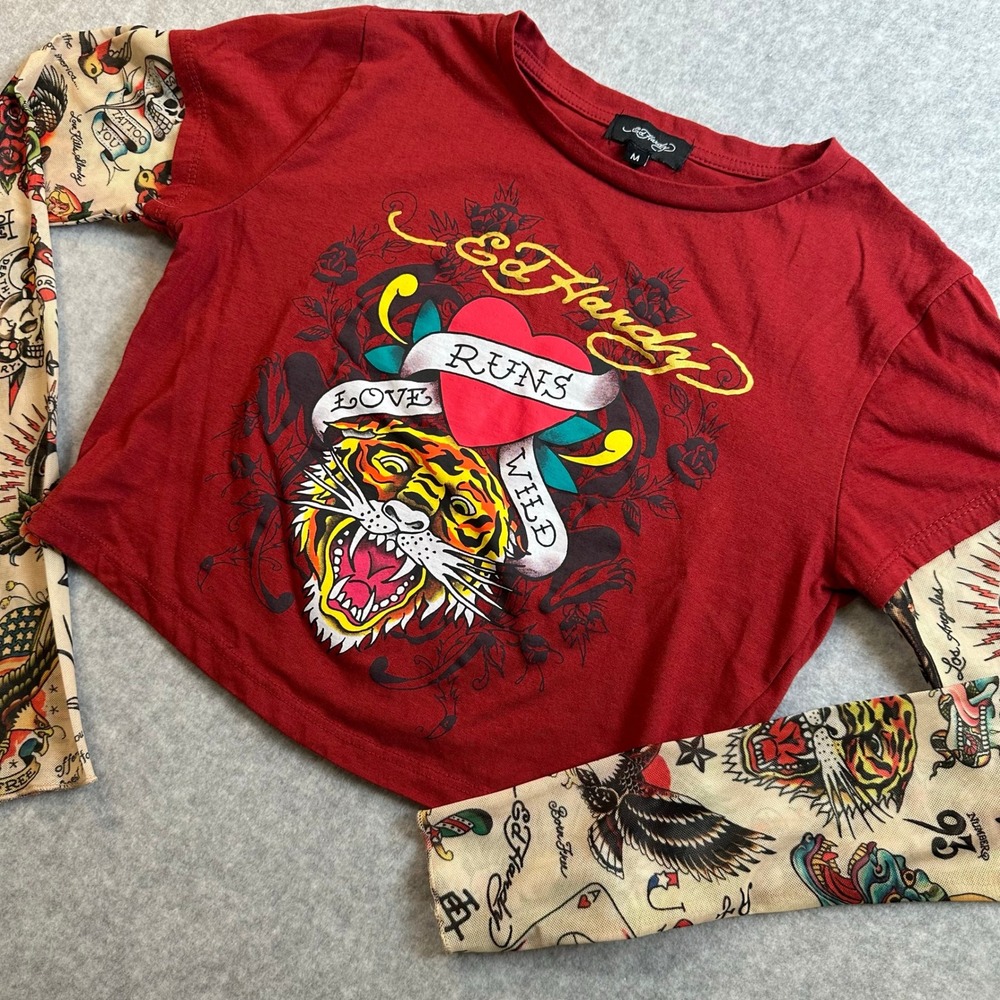 Ed Hardy Red Love Runs Wild Tiger Crop Top Tattoo Mesh Sleeves Size M EHW1415-2